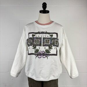 Vintage 80s Bonjour White Roma Italy Sweatshirt Cropped Boxy Fit Preppy One-Size